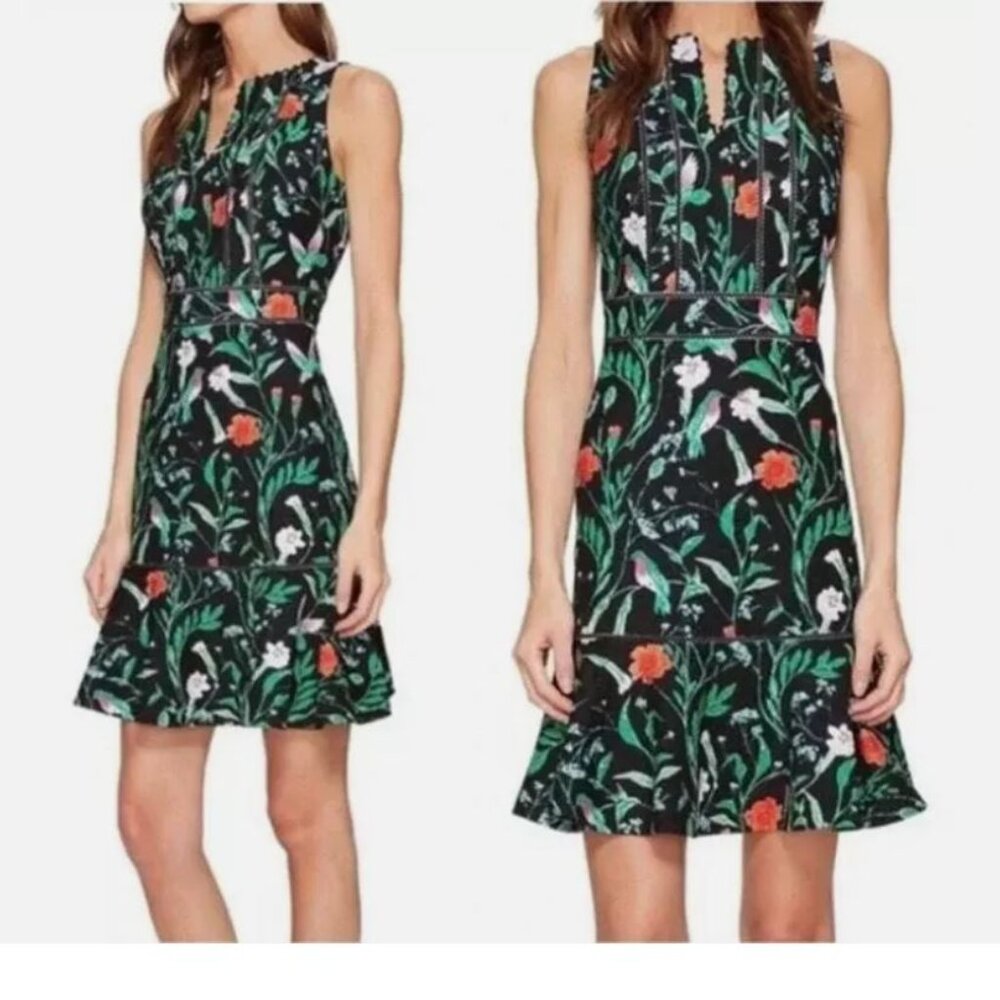 KATE SPADE Jardin Tile Jacquard Hummingbird Dress Floral Black Size 8